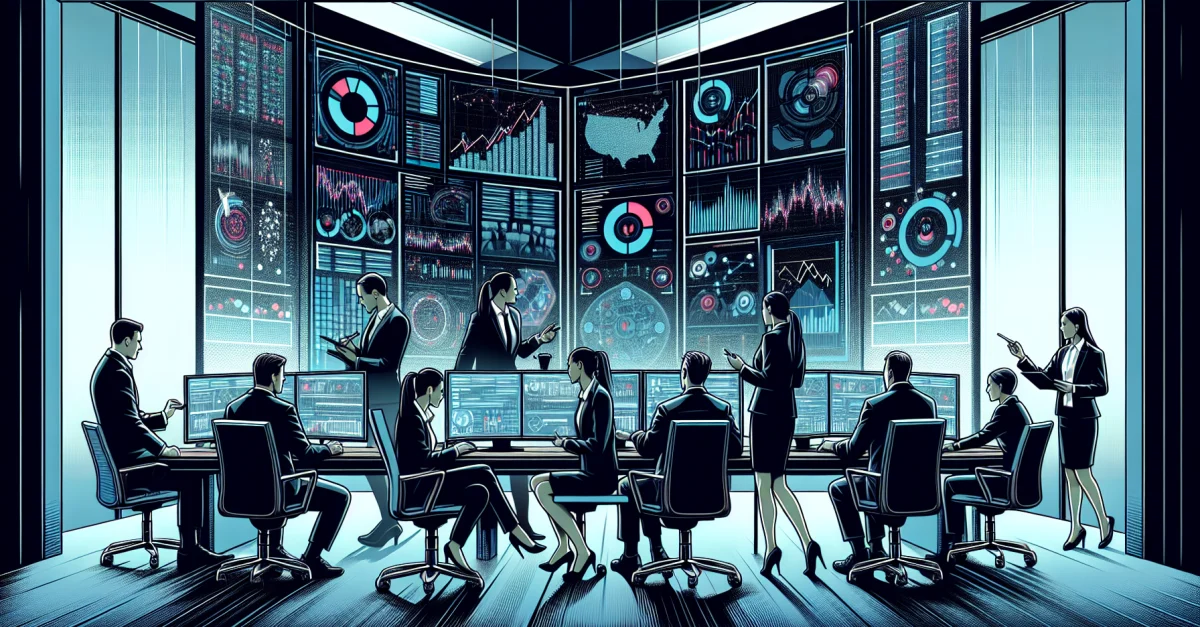 Professionals discuss AI agents and their impact on finance in a modern office. The scene highlights the urgency of adapting to technological advancements.