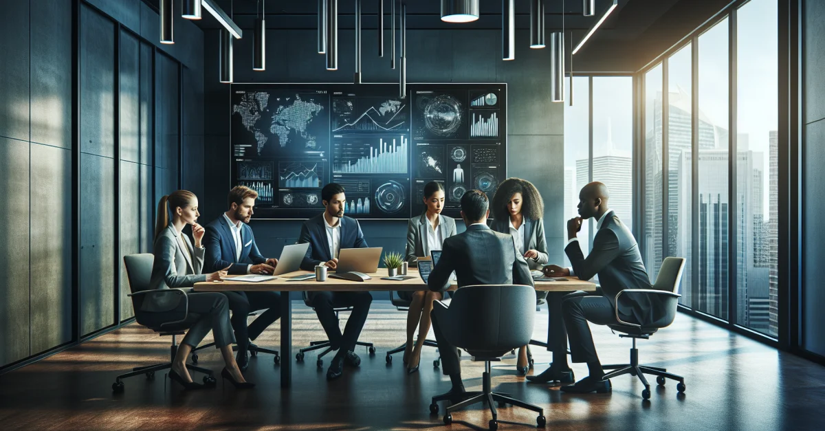 A modern office with a diverse team of finance professionals gathered around a conference table analyzing data on digital devices.
