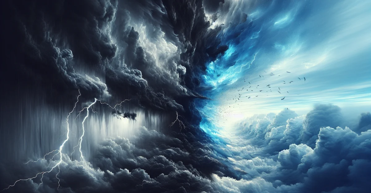 Extreme weather conditions with dark clouds and a clear sky, illustrating the unpredictability of weather. Emphasizes the importance of physical models.