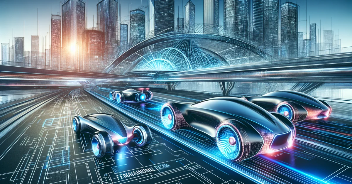 Futuristic AI-designed cars on a modern road in a dynamic urban setting, showcasing innovative vehicle designs.