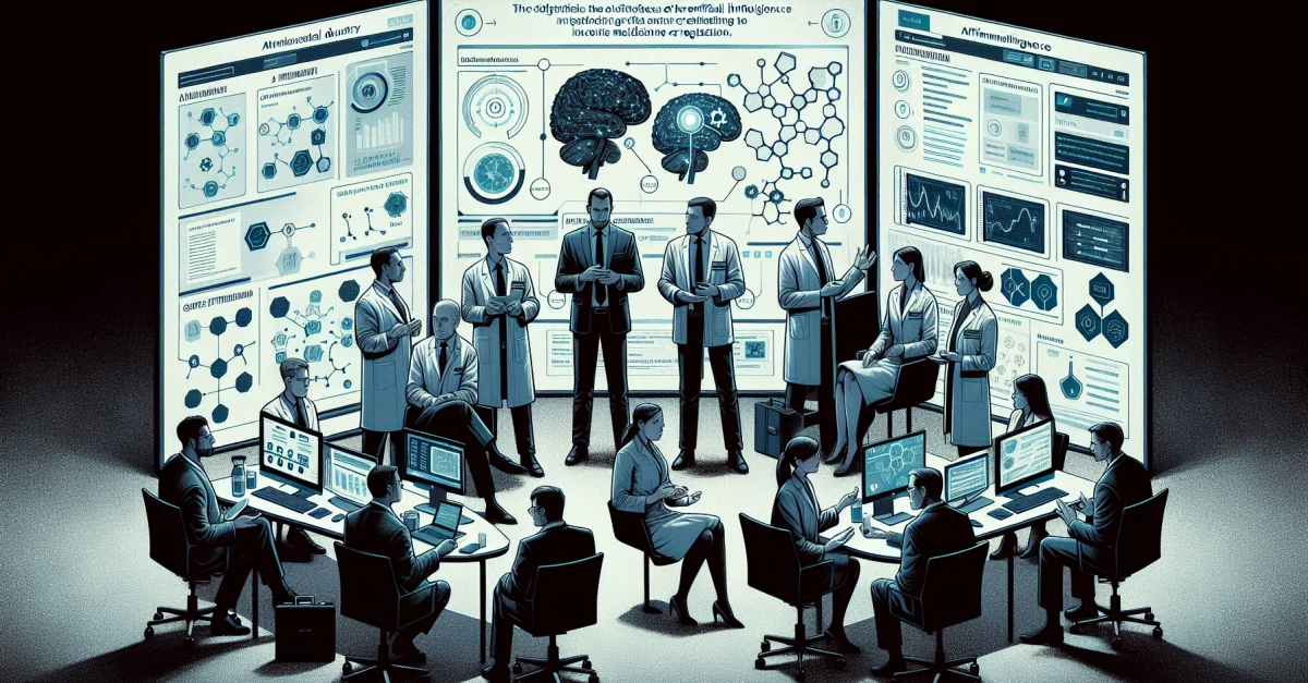 An image showing scientists in a modern office discussing AI in pharmaceutical research, illustrating the challenges of drug development.