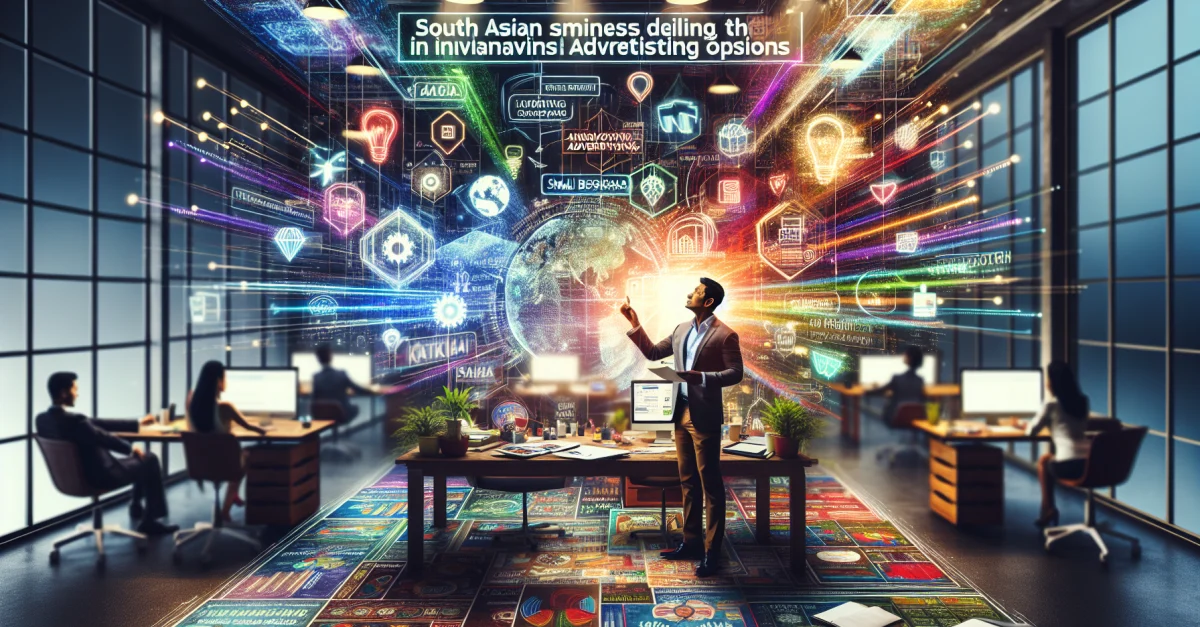 A small business owner excitedly explores new advertising options through ChatGPT in a modern office, symbolizing digital advertising empowerment.