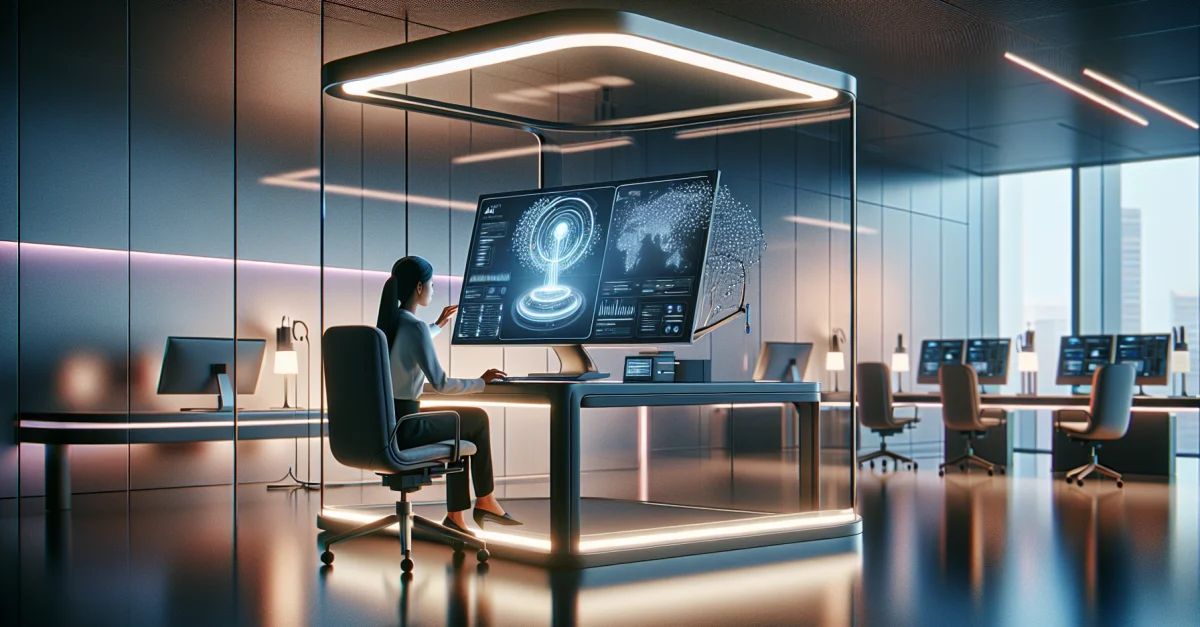 A modern workspace where a person interacts with a Mac, showcasing the integration of Google's AI Gemini into daily work routines.