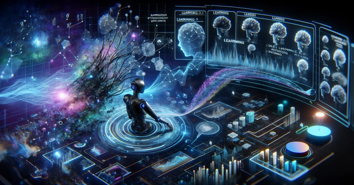 Futuristic representation of AI evolution with abstract neural networks and data flows symbolizing learning from mistakes.