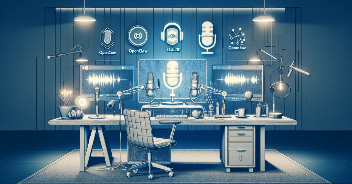 Modern podcasting environment featuring microphones and a computer, showcasing the use of AI tools to enhance podcast production.