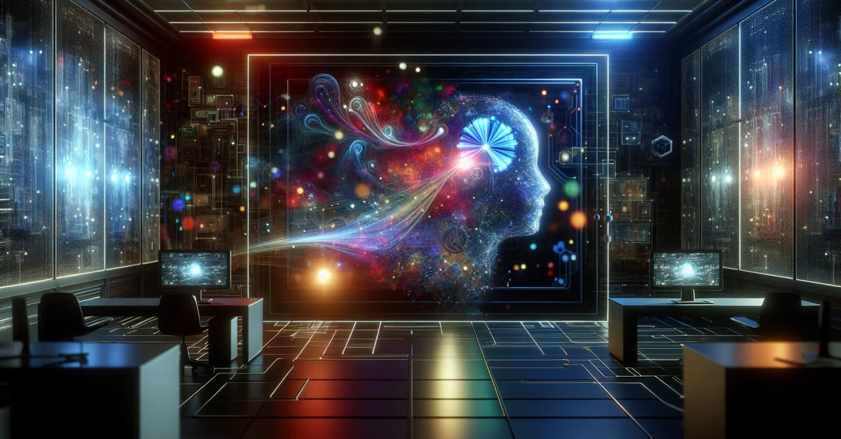 An AI interface in a dark tech lab symbolizes the dual nature of innovation. It highlights the risks and opportunities of AI learning in 'sleep' mode.