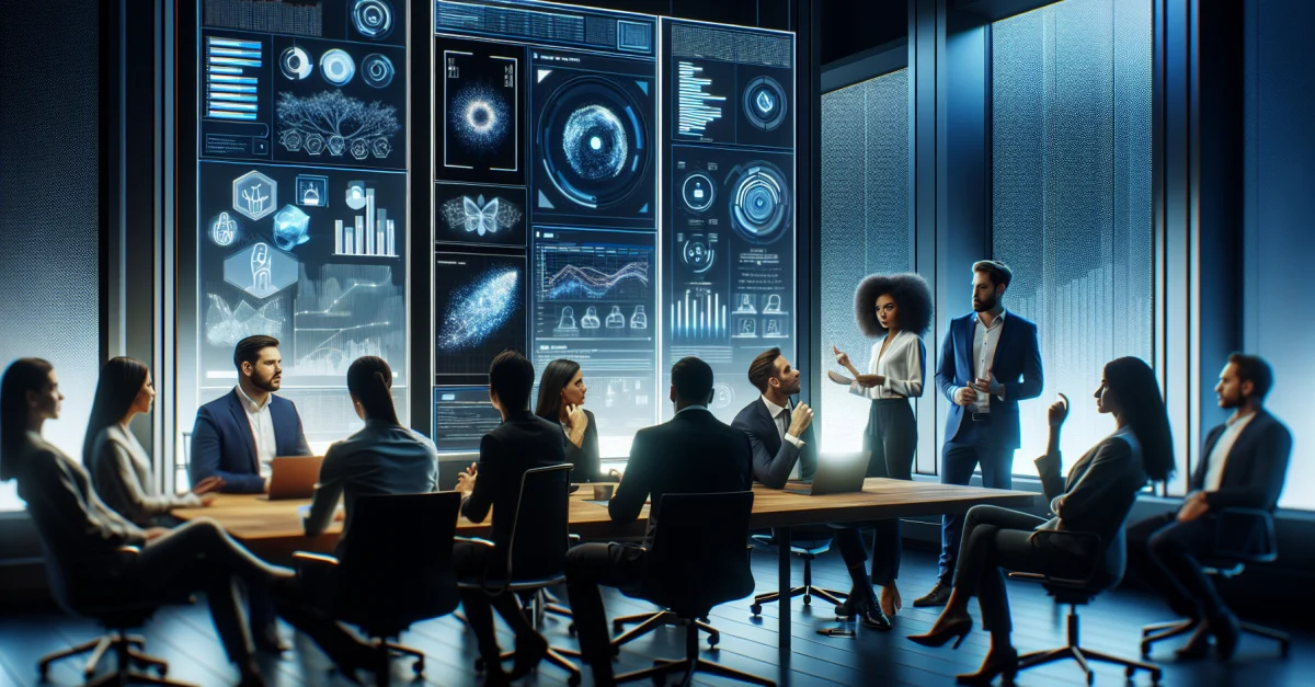Moderne Büroumgebung mit Fachleuten, die über KI-gestützte Kundeninteraktion diskutieren. Innovative Technologien und Datenvisualisierungen sind sichtbar.