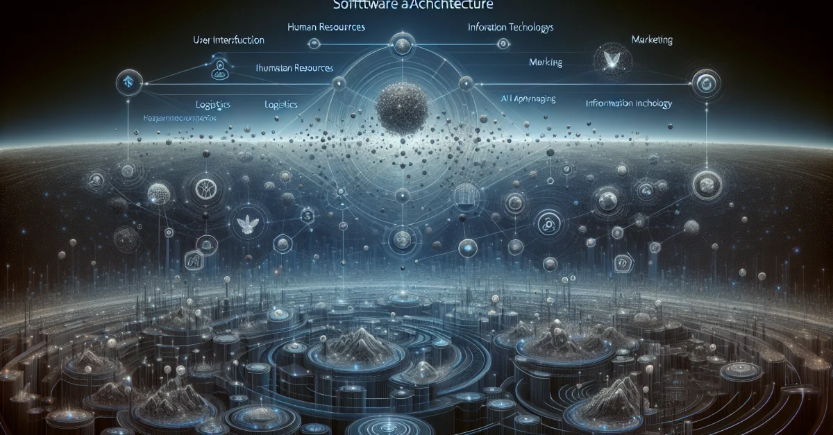 Abstract representation of the transformation in software architecture through intent-based AI systems, focusing on user interactions and business adaptations.