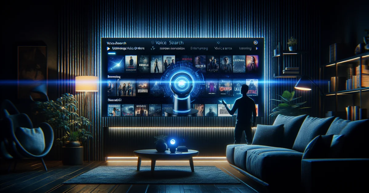 Ein moderner Wohnraum zeigt einen Nutzer, der mit dem Netflix AI-Sprachsuchfeature interagiert. Die Szene betont die einfache Nutzung und den Zugang zu Inhalten.