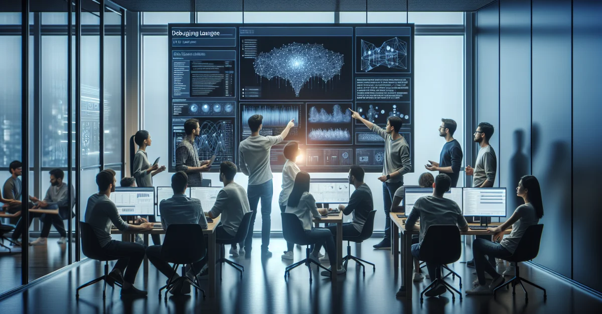 A team of engineers and data scientists collaborates on a screen displaying complex algorithms. Goodfire's tool revolutionizes debugging of large language models.