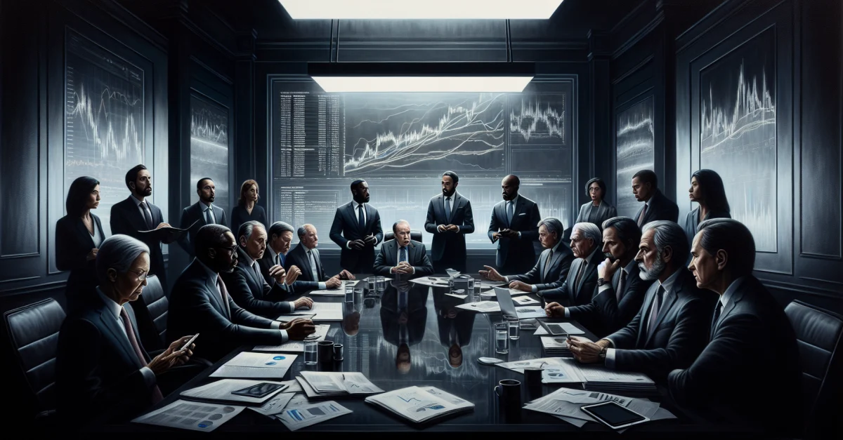 A concerned group of executives discusses CEO selection in a dimly lit boardroom, with unpredictable graphs displayed on a screen, highlighting decision-making chaos.