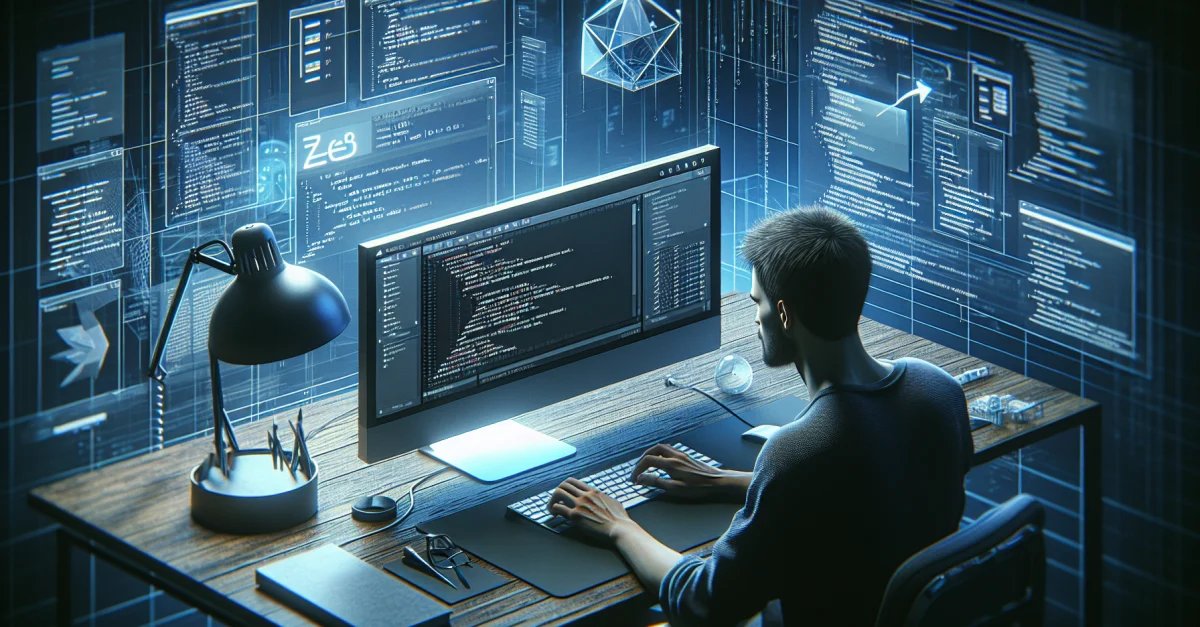 Zed 1.0 in a modern software development environment, showcasing its user interface on a high-resolution monitor, surrounded by a minimalist workspace.