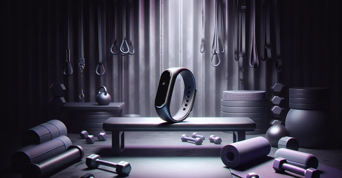 A fitness band lies on a gym bench surrounded by workout equipment, symbolizing the simplicity and effectiveness of health tracking.