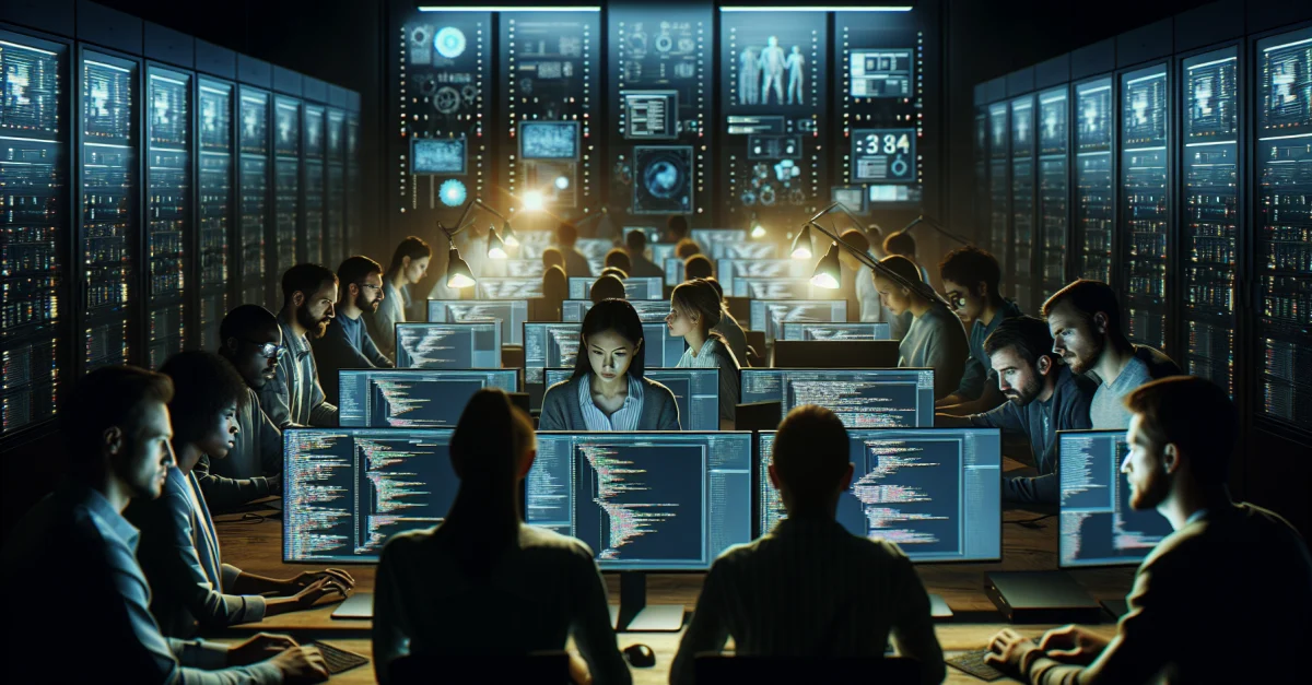 Engineers analyze security vulnerabilities in Firefox using an AI pipeline in a tech lab. The atmosphere is innovative and focused.