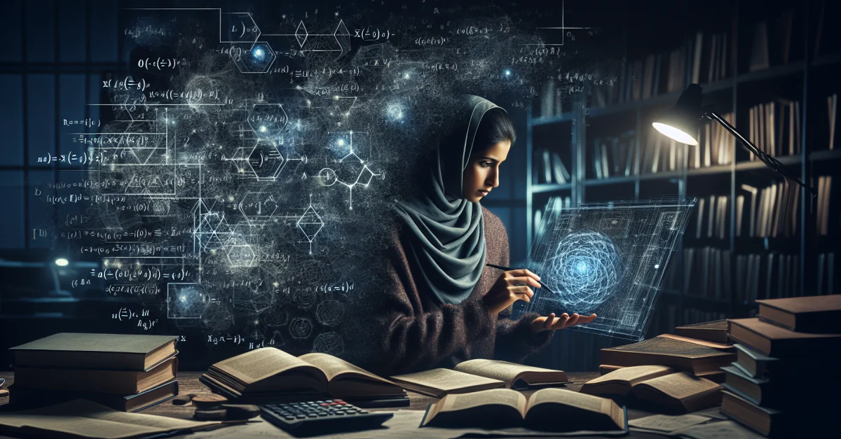 Mathematiker in einem Forschungslabor, umgeben von digitalen Bildschirmen und mathematischen Symbolen, symbolisiert den Einfluss von KI auf die Mathematik.