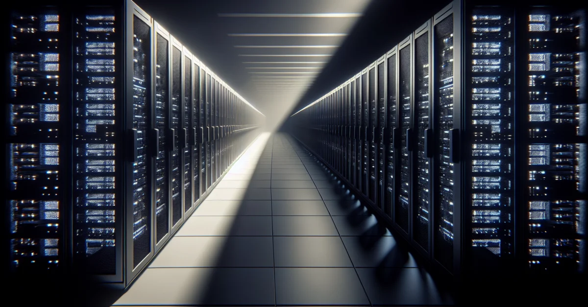 A modern data center with rows of servers, symbolizing the challenges and opportunities of AI development. The scene reflects environmental and efficiency concerns.