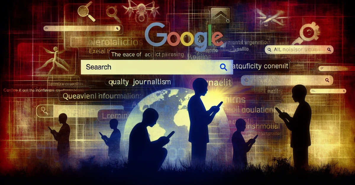 Eine digitale Landschaft, die von Googles Logo dominiert wird, zeigt Nutzer, die Schwierigkeiten haben, qualitativ hochwertigen Journalismus zu finden. Die Szene vermittelt Besorgn