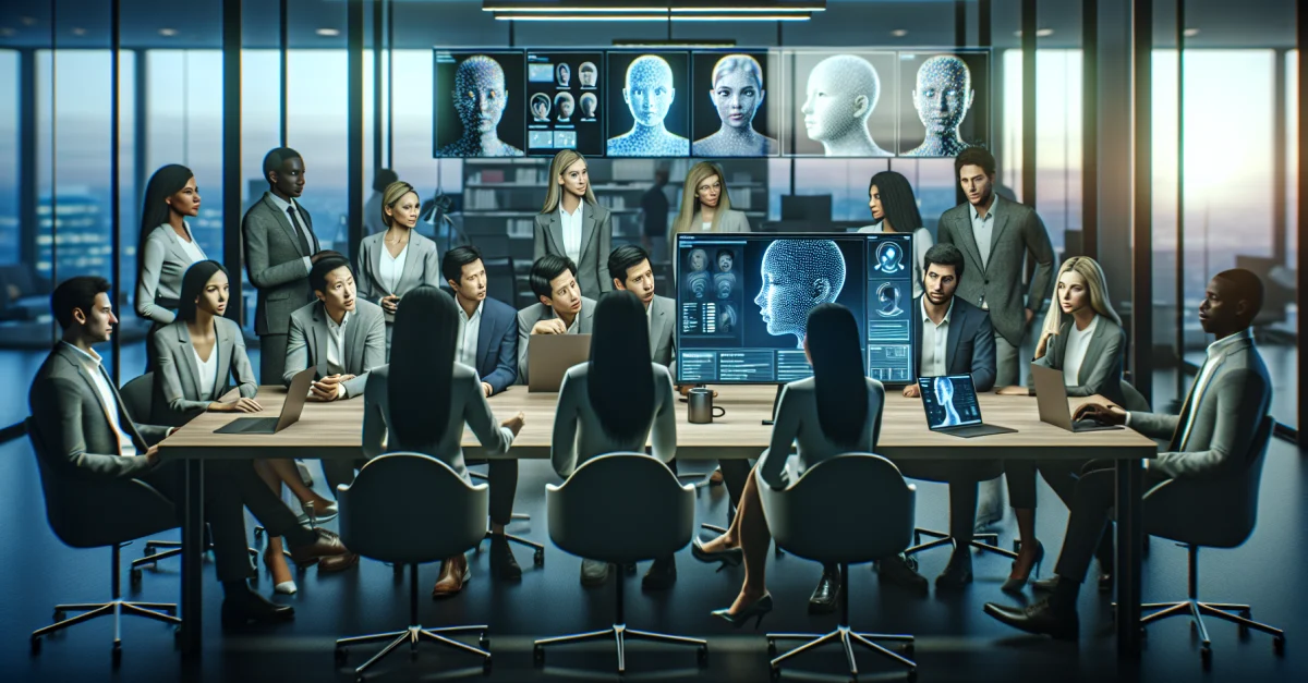 Eine diverse Gruppe von Mitarbeitern in einem modernen Büro diskutiert über Software zur Emotionserkennung, die Künstliche Intelligenz nutzt. Die Szene zeigt Innovation und Skepsis
