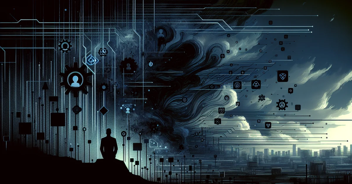 Dunkle digitale Landschaft, die den Aufstieg von KI-Agenten als Cyberbedrohung darstellt. Abstrakte Darstellungen von KI-Algorithmen und Hacking-Aktivitäten.