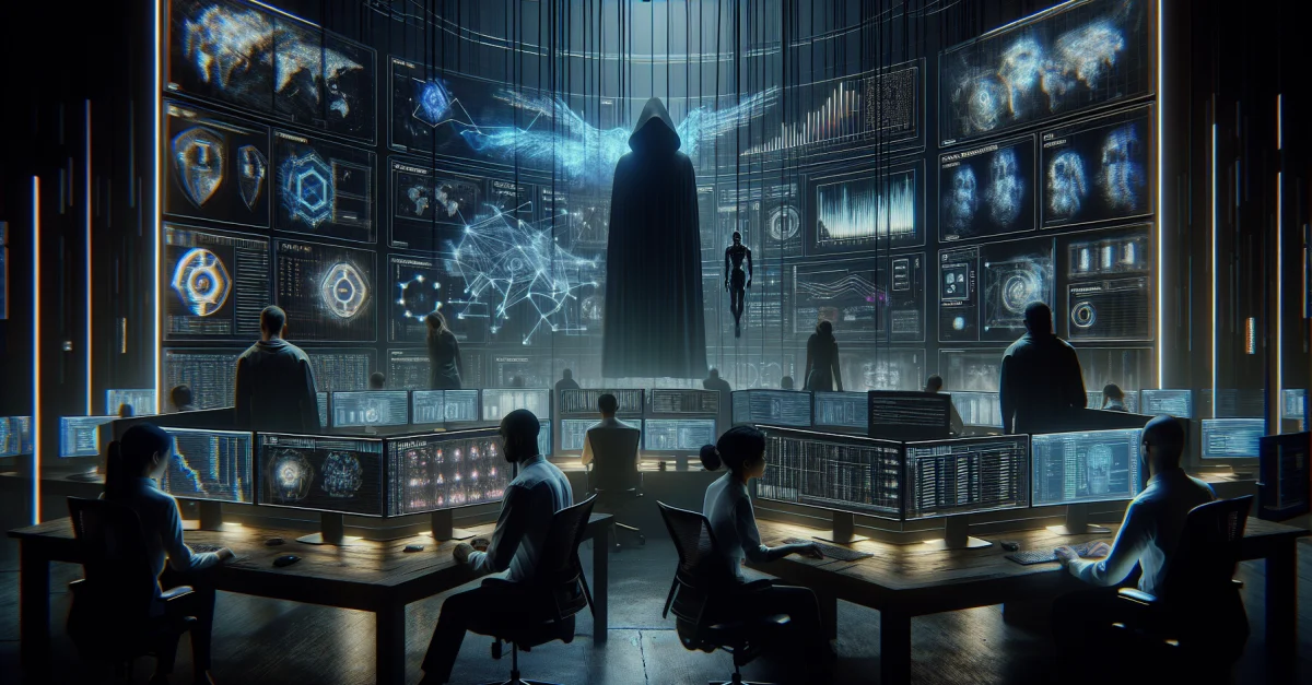 Cybersecurity-Experten analysieren Daten zu Claude Mythos in einem futuristischen Kontrollraum, während sie die Herausforderungen der Evaluierung diskutieren.
