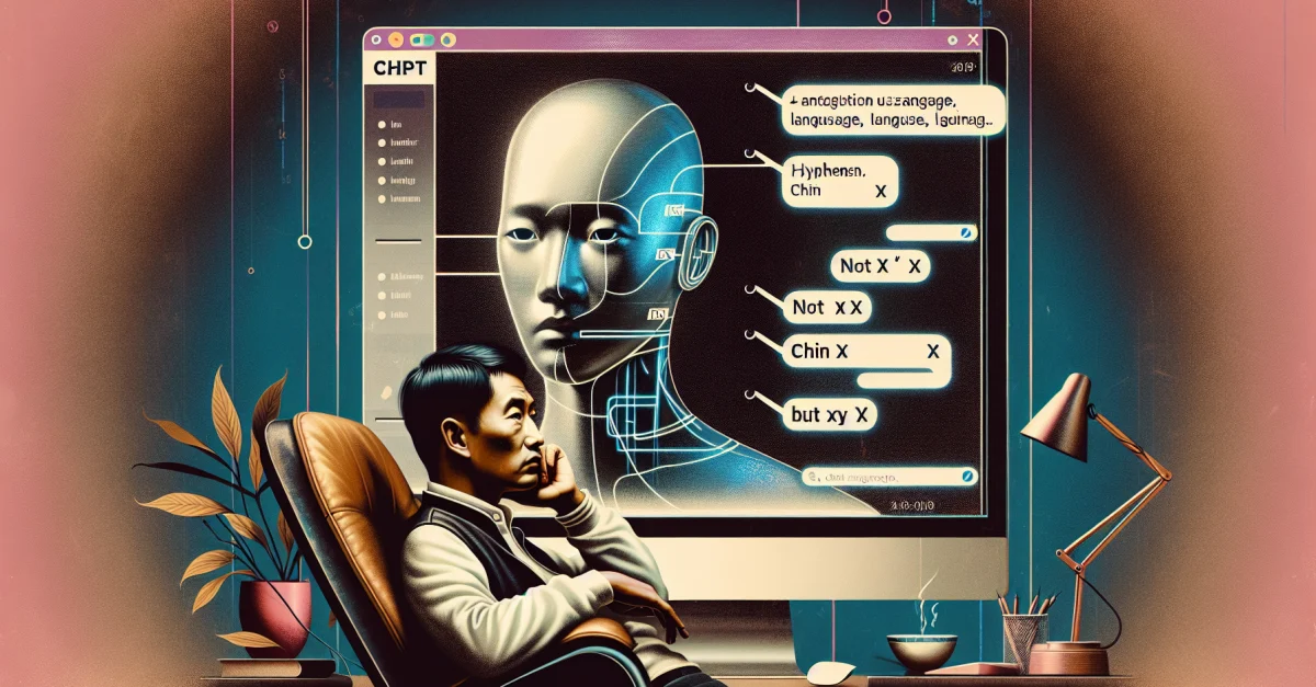 Frustrated user in front of a computer displaying ChatGPT. The image highlights language challenges faced by Chinese users with AI chatbots.