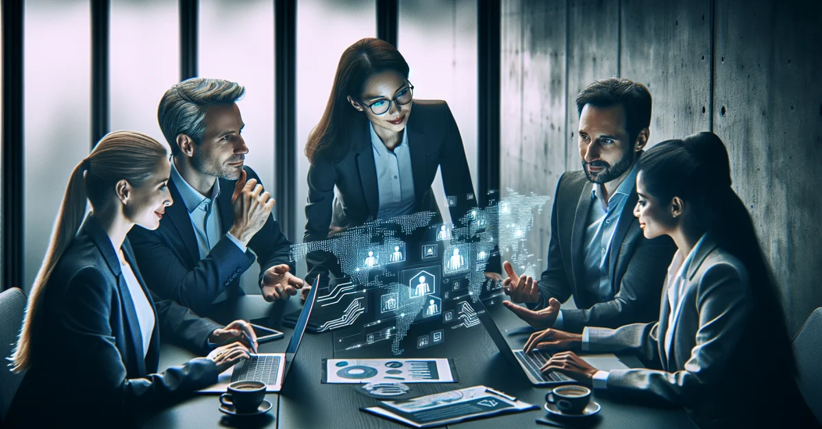 Modern office setting with professionals discussing AI integration in businesses. Focus on teamwork and strategic planning for AI deployment.