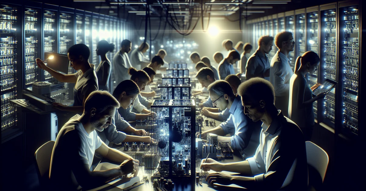 OpenAI-Entwickler arbeiten in einem Tech-Labor an eigener KI-Hardware, symbolisieren Unabhängigkeit und Innovation im Vergleich zu Apple.