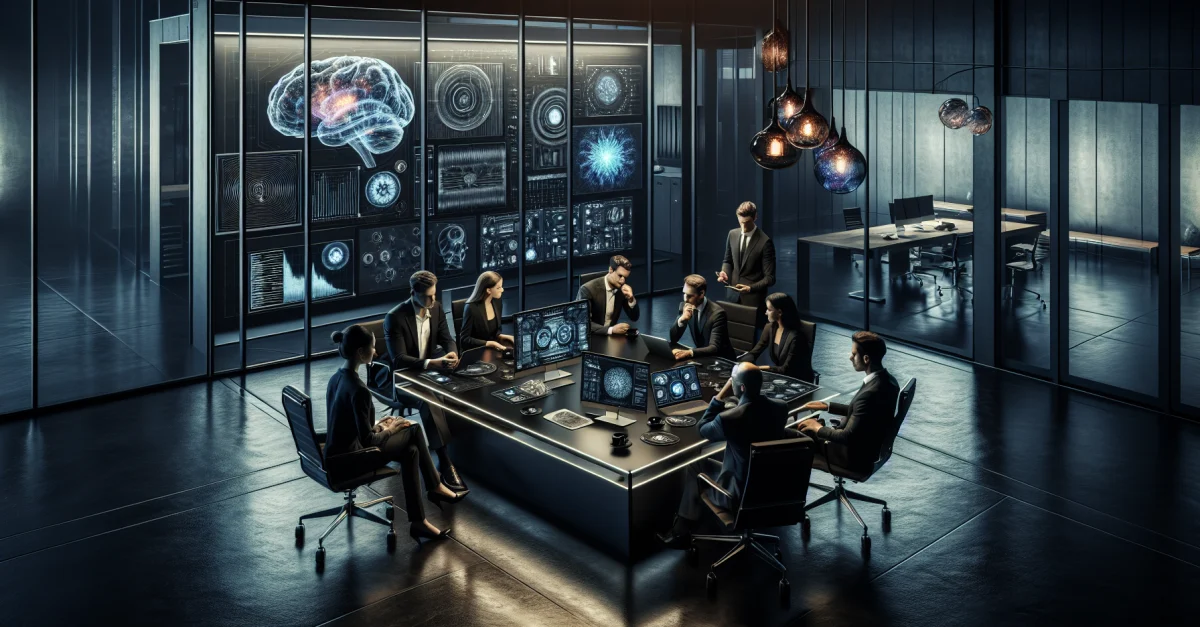 Professionals discuss brain-computer interfaces in a modern office. The scene highlights the innovative potential of Merge Labs following OpenAI's investment.