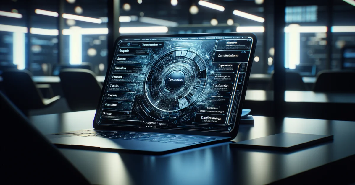 Laptop displaying Google's TranslateGemma models, showcasing translations in 55 languages. Advanced technology with a minimalist aesthetic.