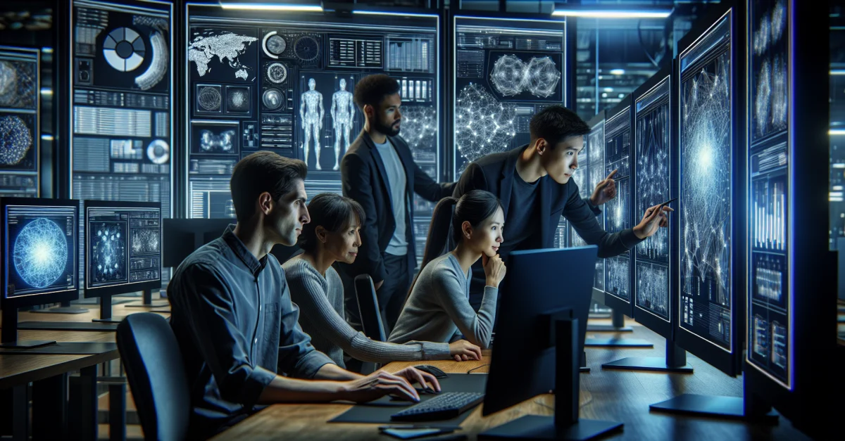 Ein Team von Ingenieuren arbeitet in einem modernen Tech-Labor an der Bildverarbeitungstechnologie von Zhipu AI. Der Fokus liegt auf Innovation und Fortschritt.