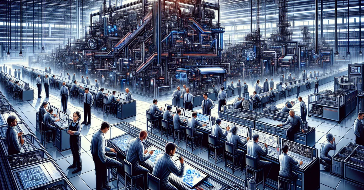 Engineers collaborate in a modern factory on AI hardware production, reflecting OpenAI's initiative to promote US manufacturing.