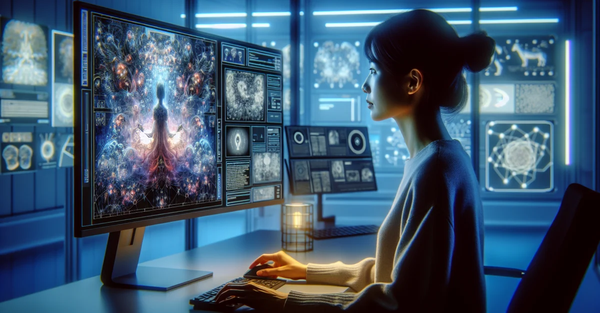 Ein Forscher betrachtet einen Computerbildschirm mit dem GLM-Image-Modell. Die Umgebung zeigt digitale Werkzeuge und Monitore, die fortschrittliche KI-Forschung andeuten.