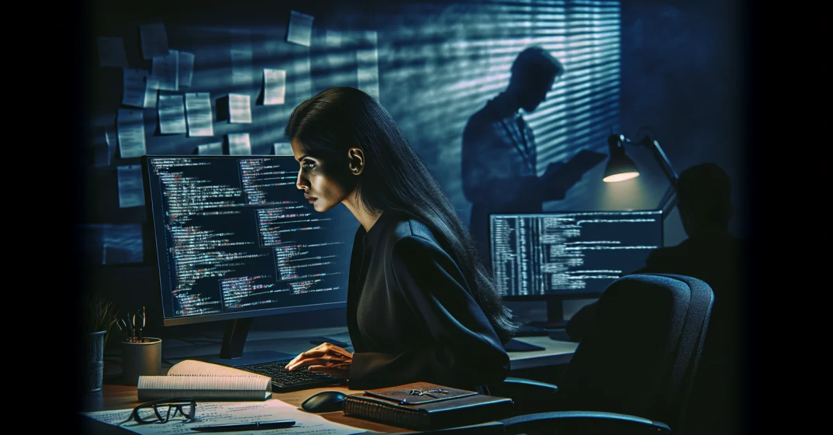 Cybersecurity analyst examines vulnerabilities in Microsoft's Copilot AI tool. The image reflects the urgency and risks of cybercrime.