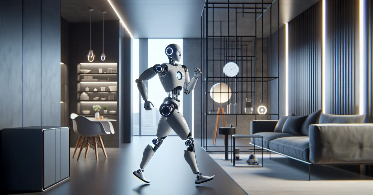 Der humanoide Roboter Figure 03 joggt in einem modernen Wohnraum und zeigt, wie Roboter in den Alltag integriert werden können.