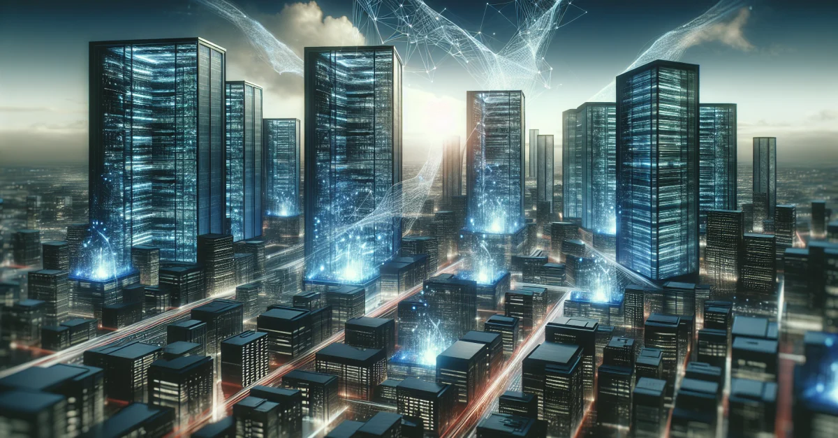 Futuristic cityscape featuring data centers and holographic displays symbolizing Cloudflare's acquisition of Human Native, impacting the AI data economy.