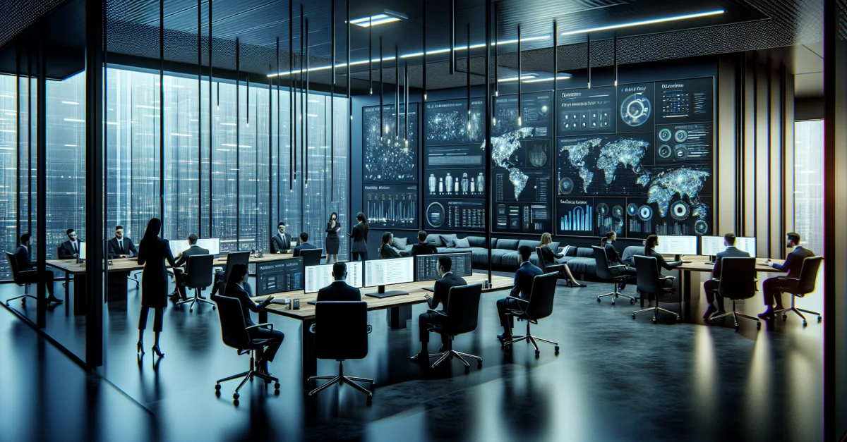 Modern office with professionals from leading AI companies discussing access to Wikipedia data. Dynamic atmosphere with data analytics on screens.
