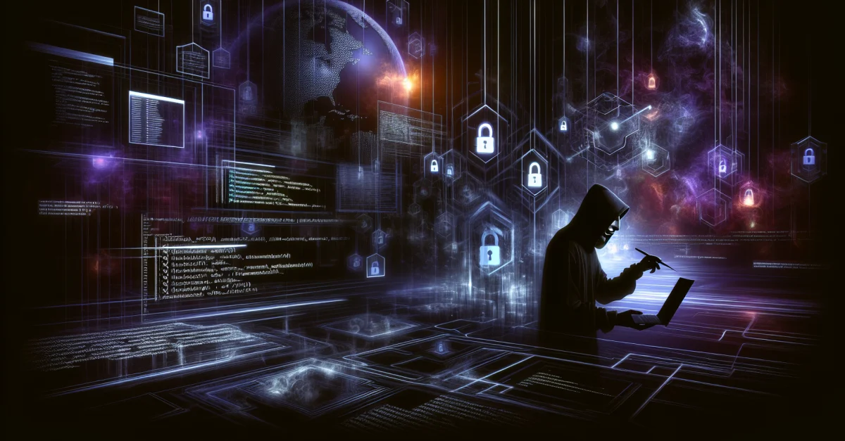 Ein Bild, das die Bedrohung durch Cyber-Sicherheit darstellt, mit einer schattenhaften Figur, die Computer-Code manipuliert, um Datei-Diebstahl zu symbolisieren.