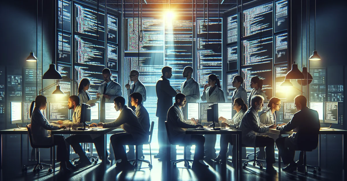 Wissenschaftler:innen analysieren KI-Reaktionen auf Sicherheitslücken in einem modernen Labor. Die Szene verdeutlicht die ethischen Herausforderungen der KI-Entwicklung.