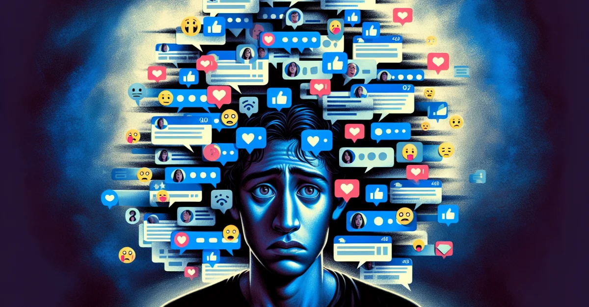 Eine Person ist von digitalen Chatblasen umgeben, die Stress und den Druck von Gruppenchats darstellen. Die Szene verdeutlicht die Angst, etwas zu verpassen.
