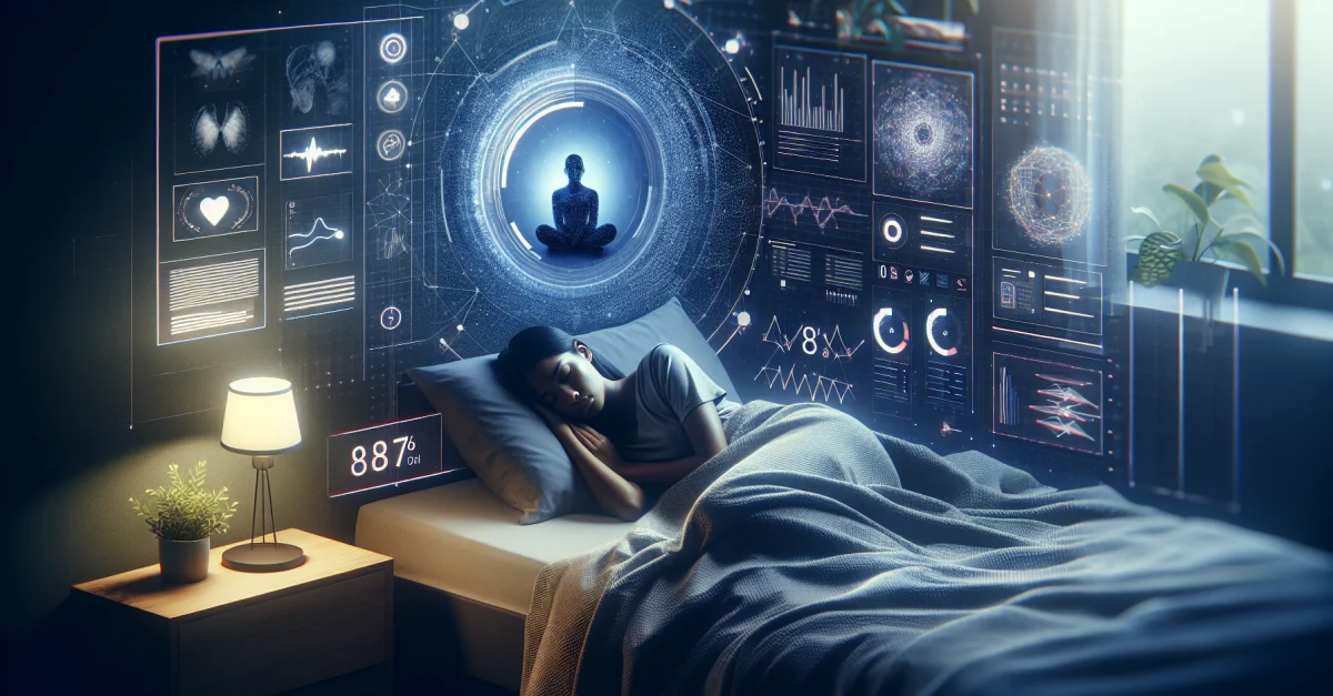 Ein futuristisches Schlafzimmer, in dem Schlafdaten zur Gesundheitsprognose analysiert werden. Die Szene zeigt eine Person im Schlaf umgeben von digitalen Elementen.