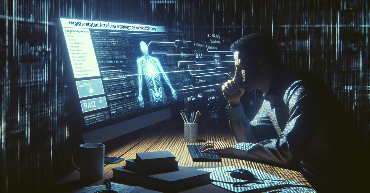 Ein besorgter Mensch vor einem Computerbildschirm, der eine KI-gestützte Gesundheitsübersicht zeigt. Die Atmosphäre ist angespannt und warnt vor falschen Informationen.