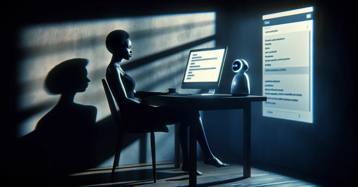 Eine Person sitzt an einem Schreibtisch, beleuchtet vom Licht eines Computerbildschirms, der eine Chatbot-Oberfläche zeigt. Es geht um den Datenschutz im Gesundheitswesen.