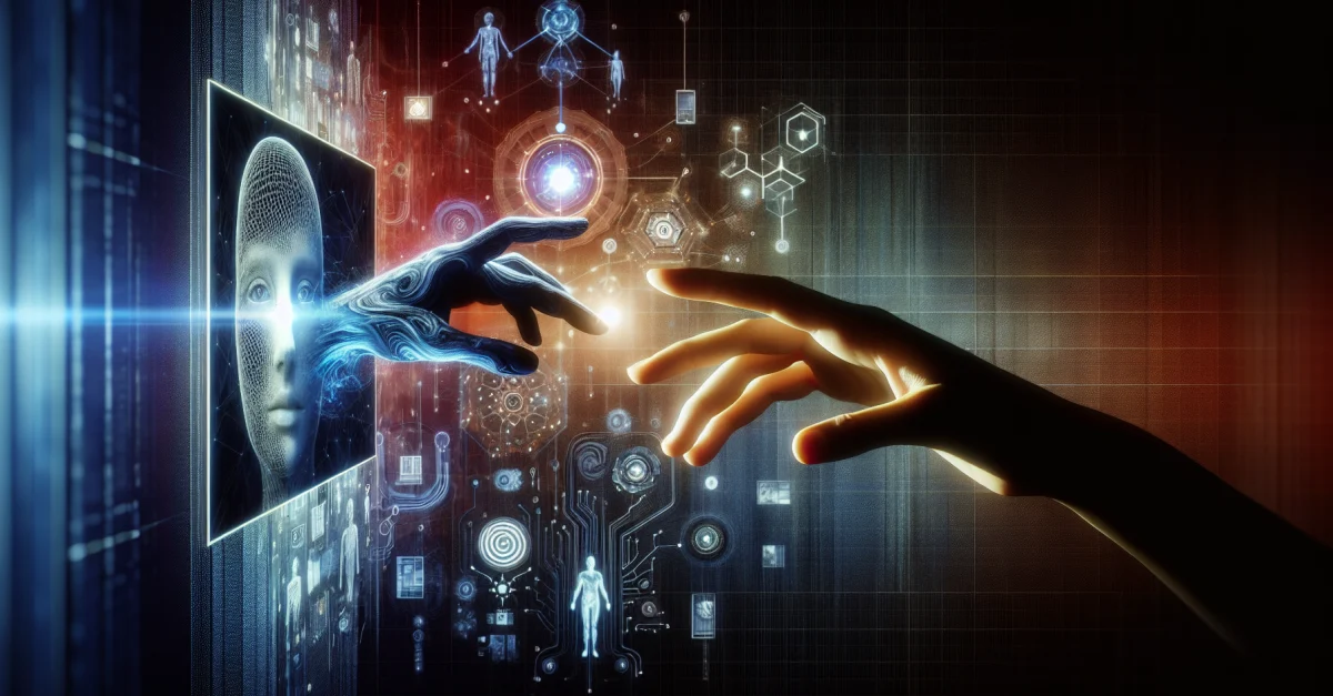 An image showing a human hand reaching towards a digital screen with abstract representations of AI and deepfake technology, emphasizing responsibility in technology use.