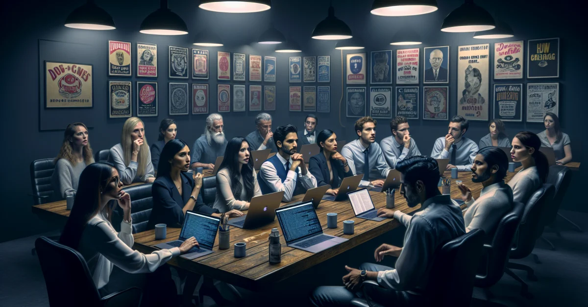 A concerned group of advertising professionals discusses AI-generated ad concepts in a dimly lit room. The atmosphere is tense and uncertain.