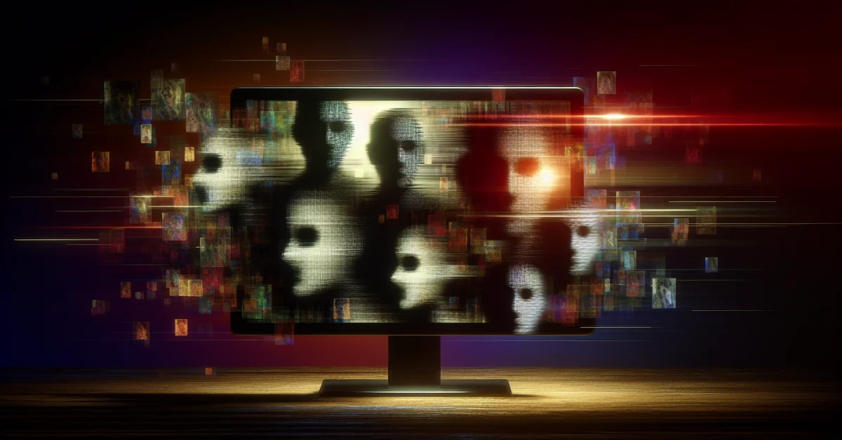 A dark depiction of the Grok scandal featuring a computer screen with blurred faces, symbolizing anonymity and exploitation in the digital age.