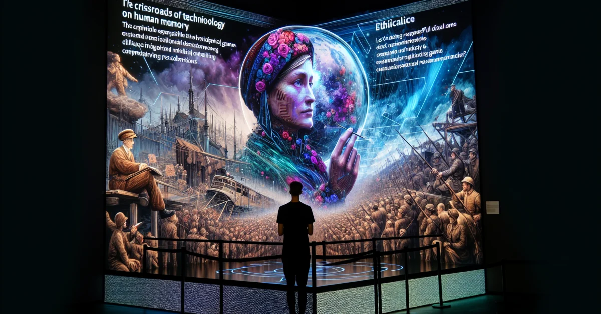 Digital art illustrating the impact of technology on memory, featuring a Holocaust survivor avatar and interactive historical games.