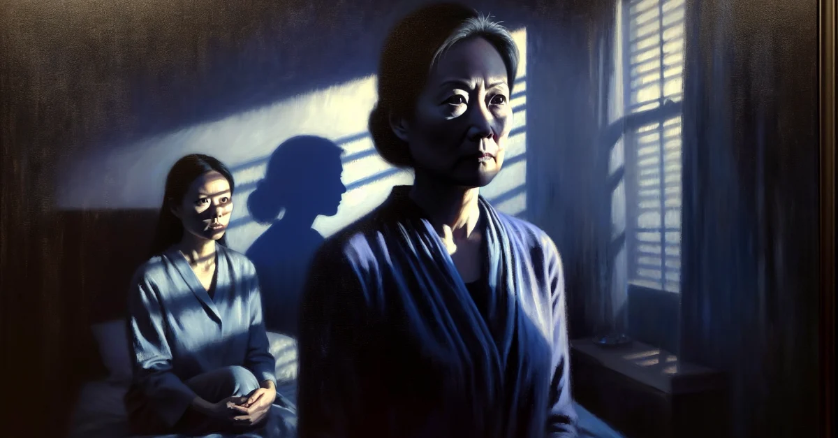 A concerned mother stands in a dimly lit room, symbolizing legal battles against the AI chatbot Grok over the generation of sexualized images.