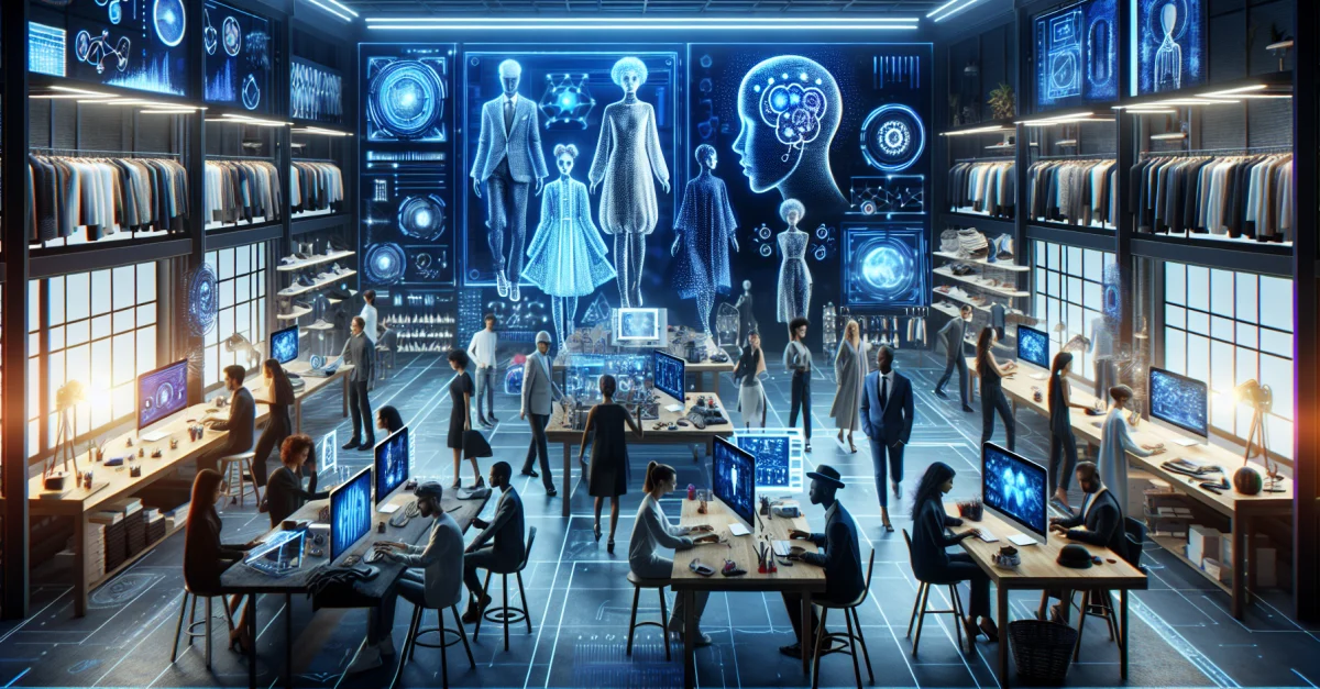 Futuristisches Modeatelier, das den Einfluss von KI auf das Design zeigt. Designer arbeiten mit AI-Tools an innovativen Kleidungsstücken. PVH Corp. revolutioniert die Mode.