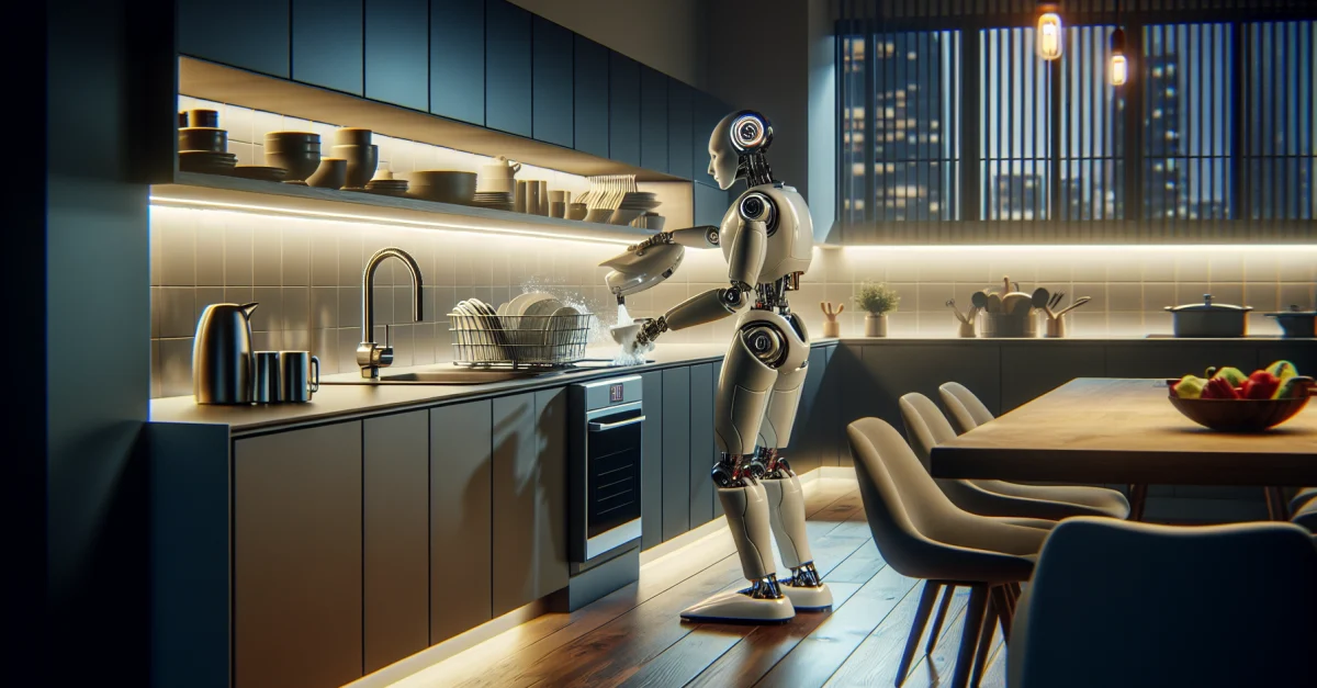 Humanoider Roboter von Figure AI, der in einer modernen Küche Geschirr spült, demonstriert fortschrittliche Robotik und KI-Integration im Alltag.