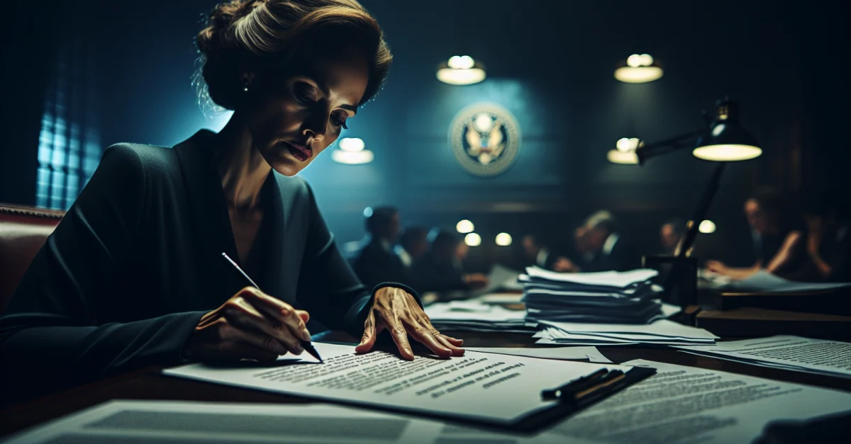 Senatorin Elizabeth Warren schreibt an OpenAI, um Klarheit über staatliche Hilfen zu erhalten. Die Szene zeigt eine ernste Atmosphäre und politische Verantwortung.